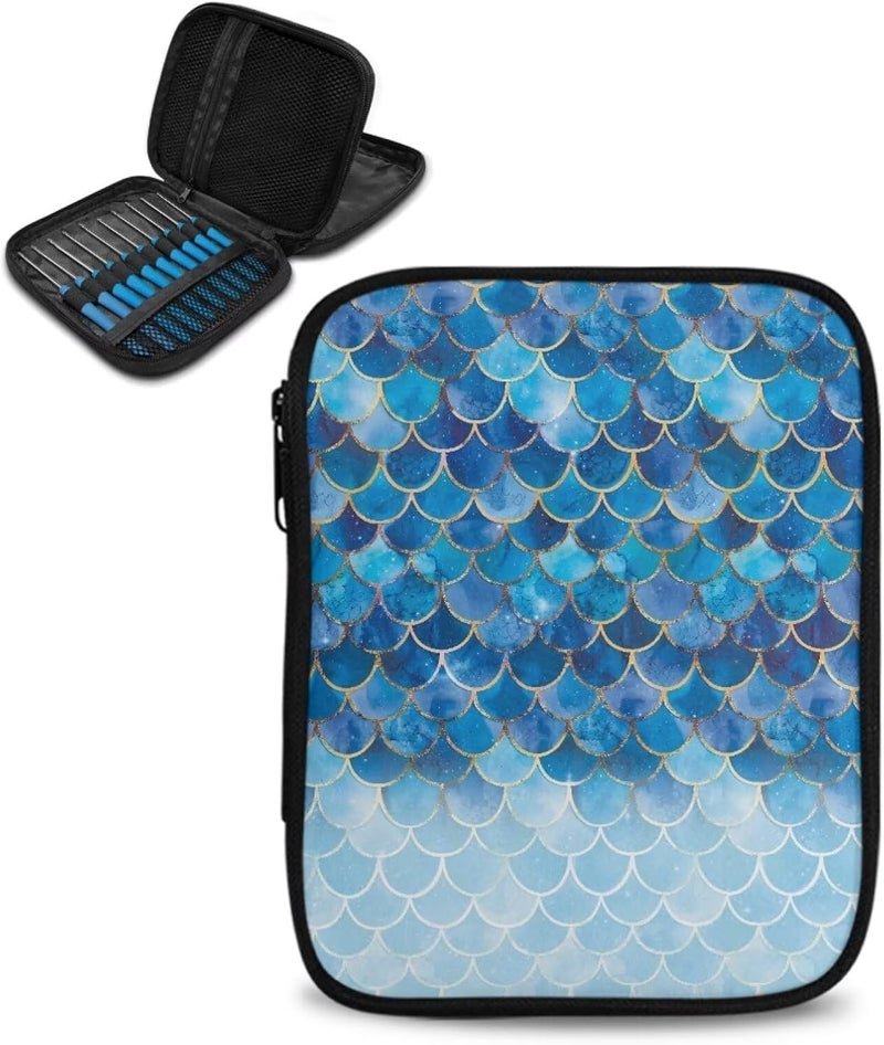 Hechitok Mermaid Scales Blue Crochet Hooks Case Zipper Bags Portable Crochet Storage Bag with Web Pocket and Crochet Holder Slots for Carrying Various Crochets Needles - Image 1